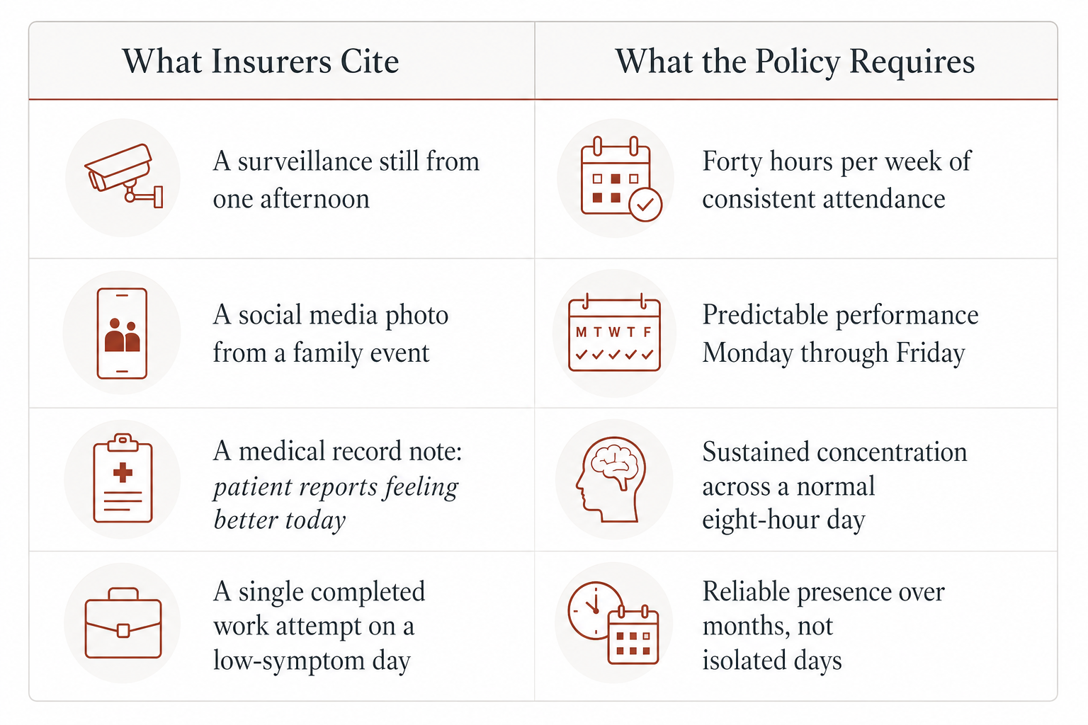 What Insurers Cite vs. What LTD Policies Require Side-by-Side